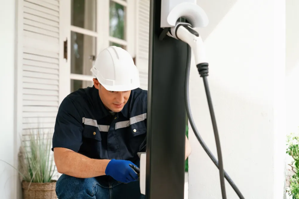 Electrician installing an outdoor EV charger station beside a home entryway.  