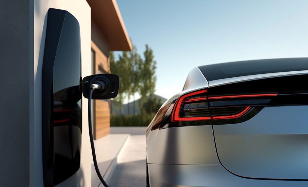 Electric vehicle charging outside a modern Incline Village home with a wall-mounted EV charger at sunset.  
