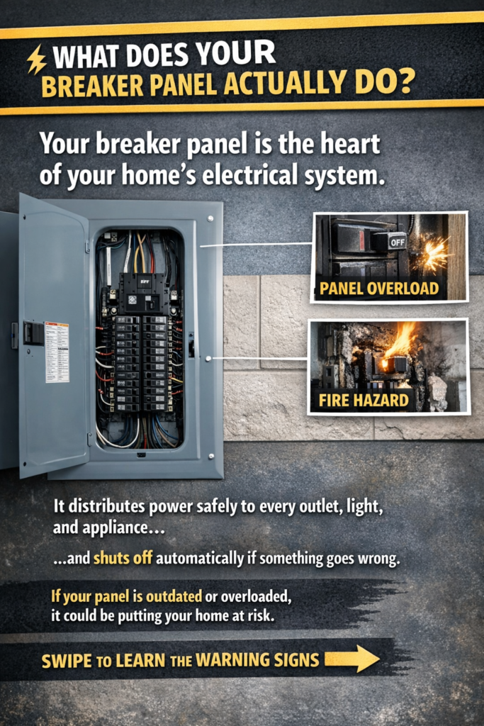 breaker panel inspection illustration showing electrical panel components and power distribution inside a residential home
