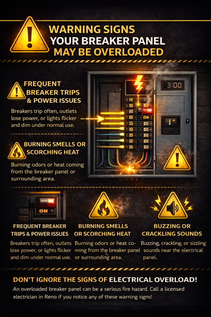 warning signs electrical breaker panel may be overloaded including breaker trips burning smells and buzzing sounds