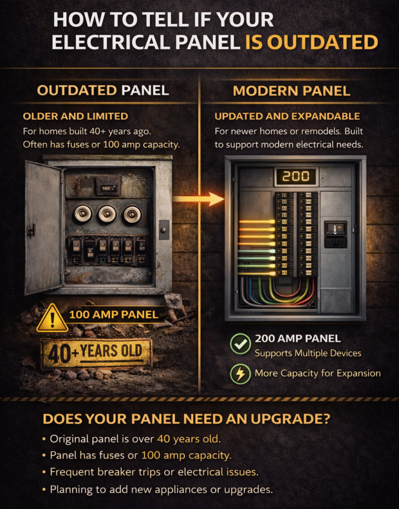 comparison showing outdated 100 amp electrical panel versus modern 200 amp breaker panel upgrade