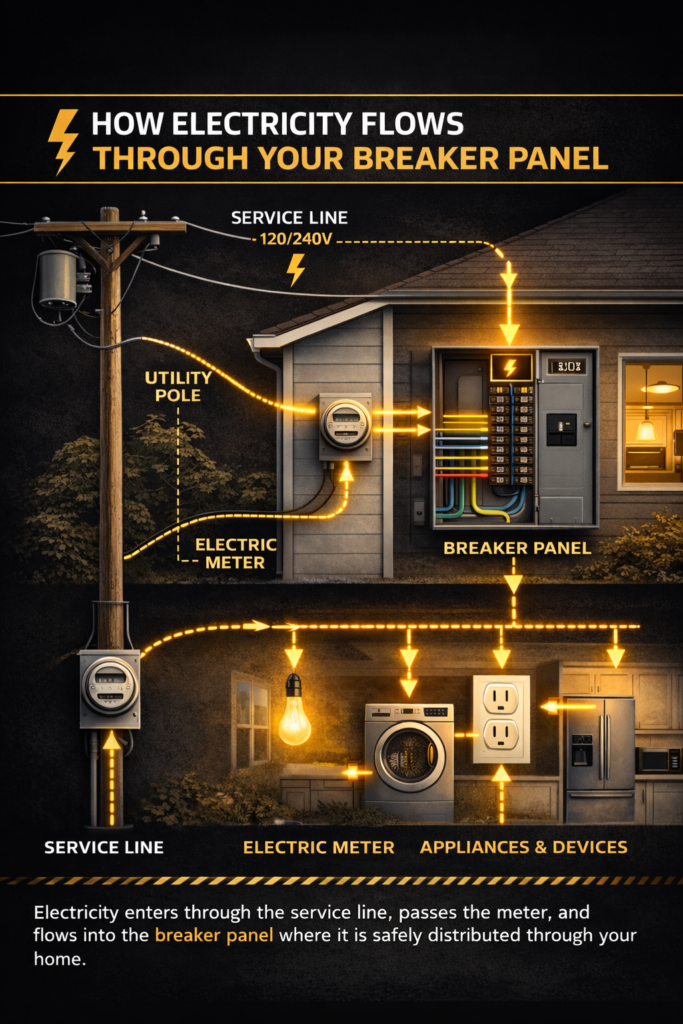 how electricity flows through a residential breaker panel from utility line to electrical meter and home appliances