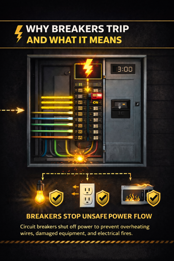 electrical breaker panel with tripped breaker demonstrating why breakers trip and stop unsafe power flow