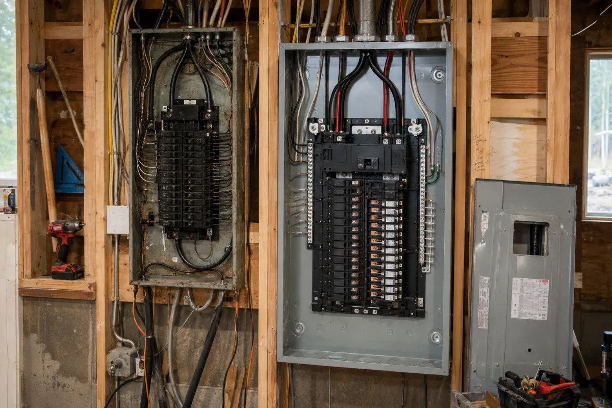 Electrical panel upgrade in progress ahead of a generator transfer switch installation