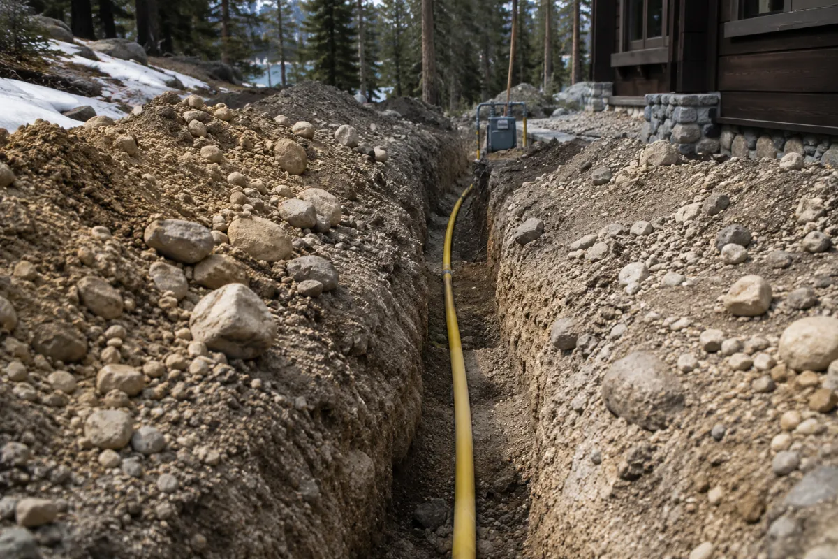 Gas line trench cut through rocky decomposed granite soil at a Tahoe property