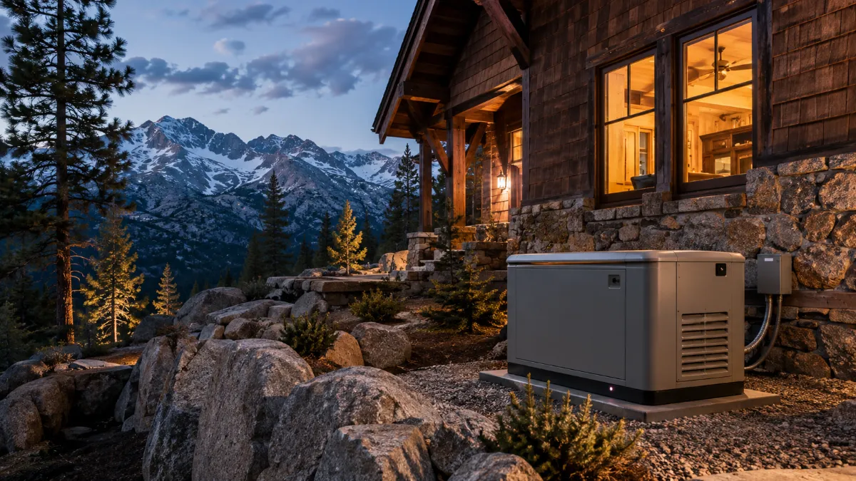 Standby generator running at a snowbound Lake Tahoe home during an outage