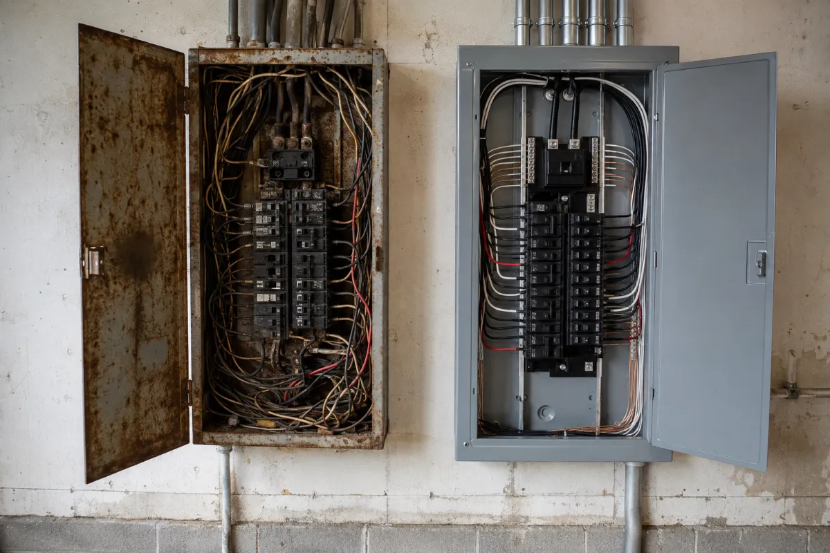 Before and after comparison of an old crowded breaker panel and a new labeled 200-amp panel
