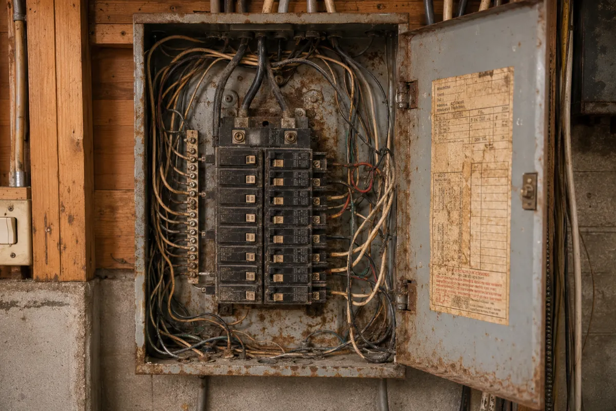 Aged 1960s-era electrical panel of the type that should be evaluated for replacement