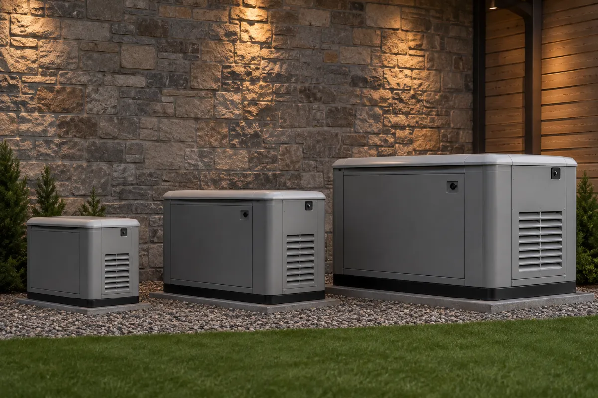 Small, medium, and large residential standby generators compared side by side