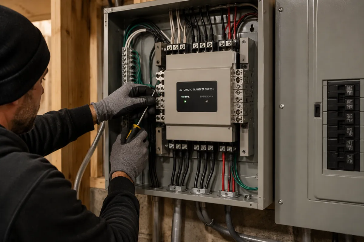 Electrician wiring an automatic transfer switch beside a residential electrical panel