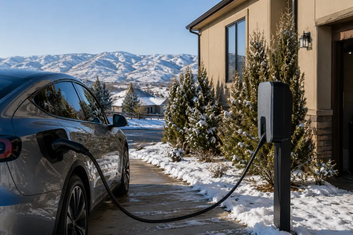 Weather-rated EV charger charging a car in a Reno driveway