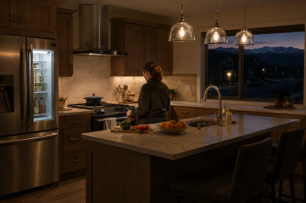 Warmly lit Reno kitchen staying powered by an essential-load generator during an outage