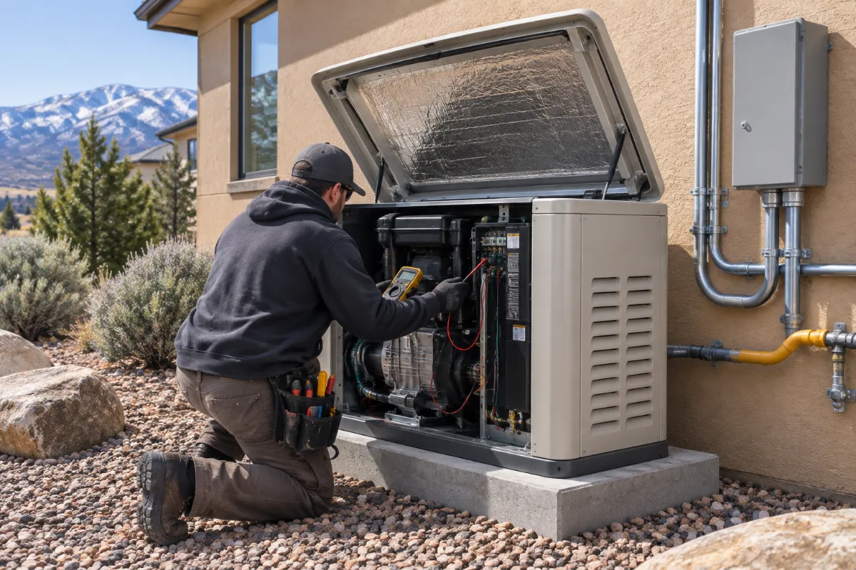 Technician commissioning a standby generator beside a Northern Nevada home