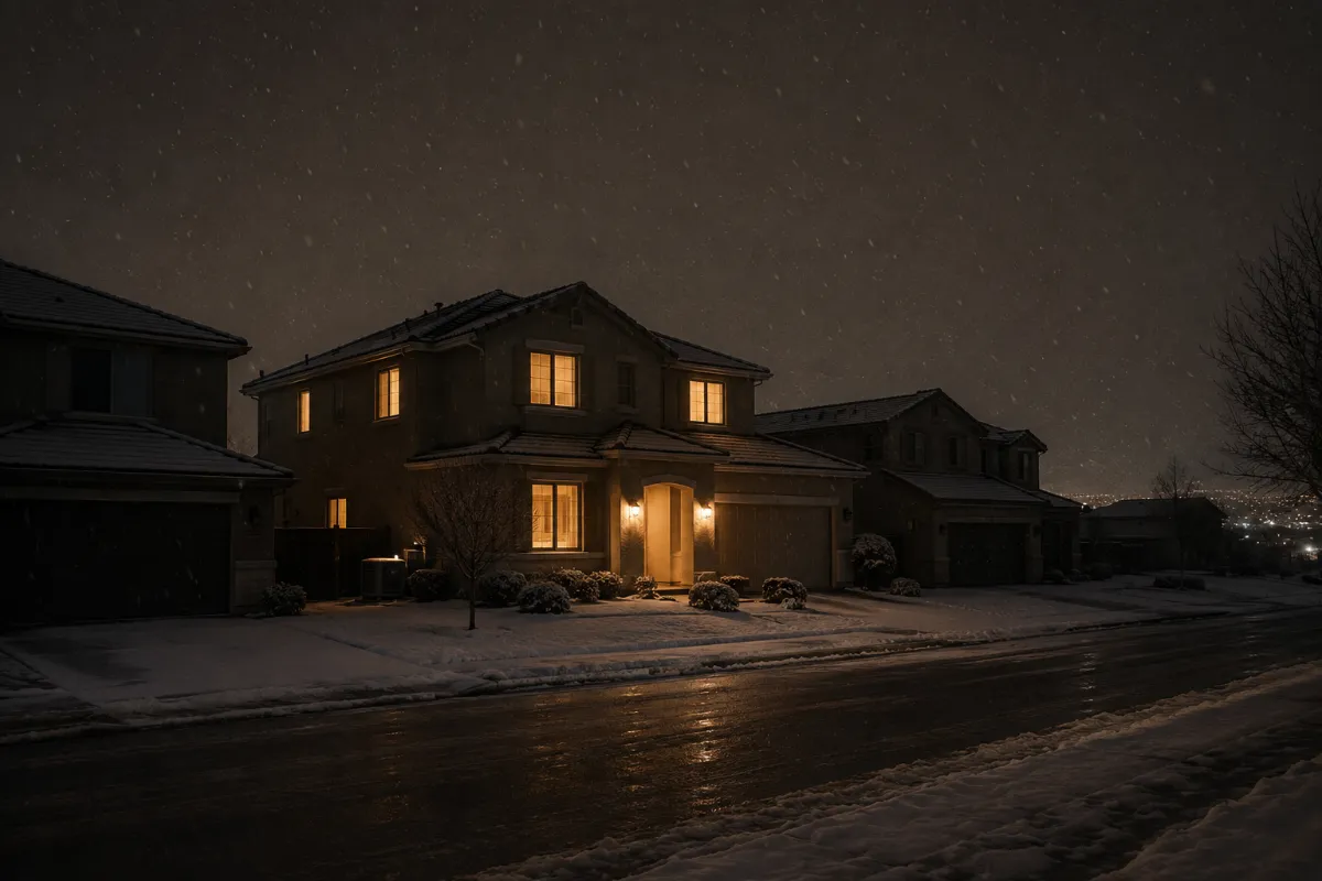 Reno home with its lights on during a neighborhood power outage, backed by a standby generator