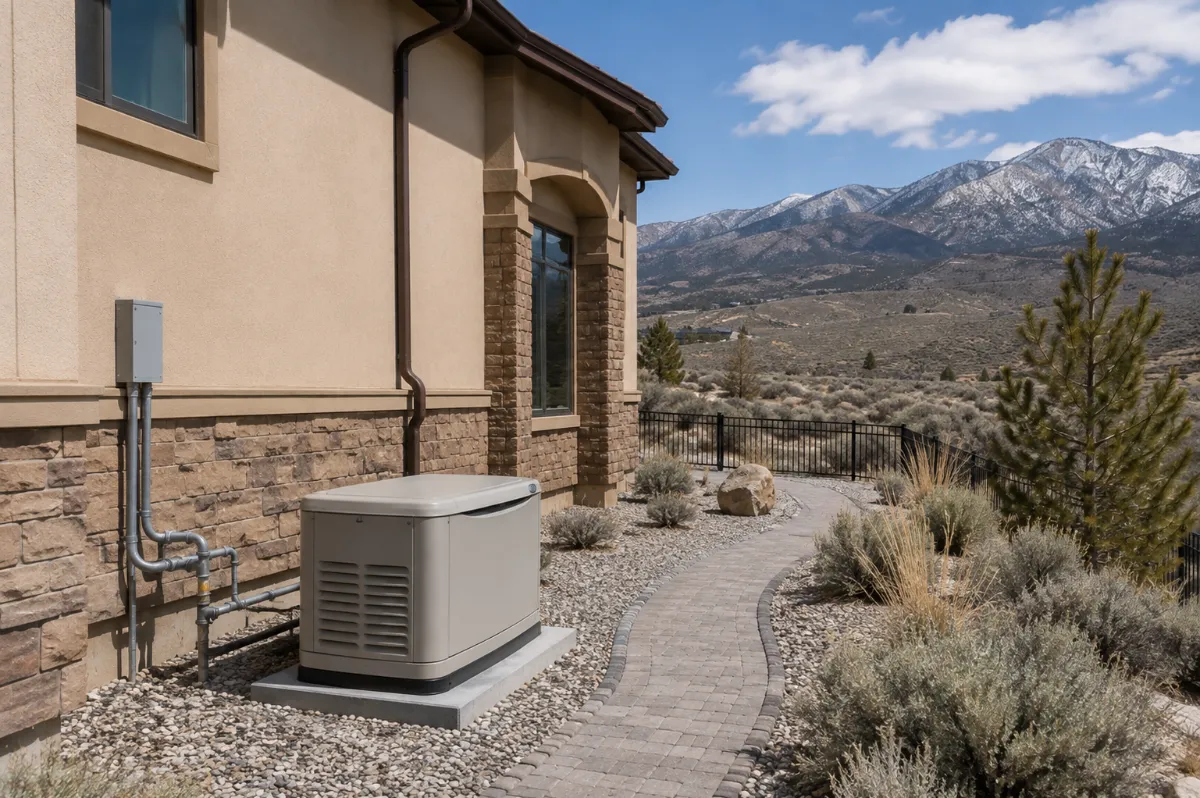 Whole-home standby generator installed beside a Reno house