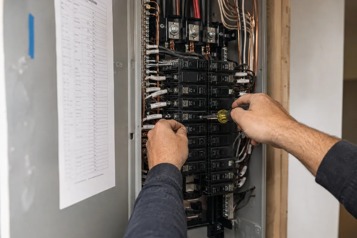 Electrician installing a new 200-amp electrical panel in a Reno home garage