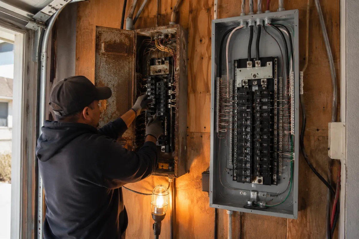 Old breaker panel being replaced with a new labeled panel