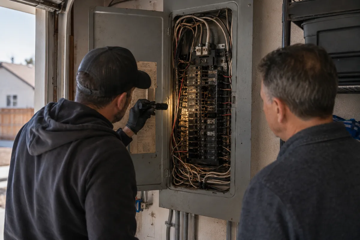 Electrician showing a Reno homeowner the trouble signs in an aging breaker panel